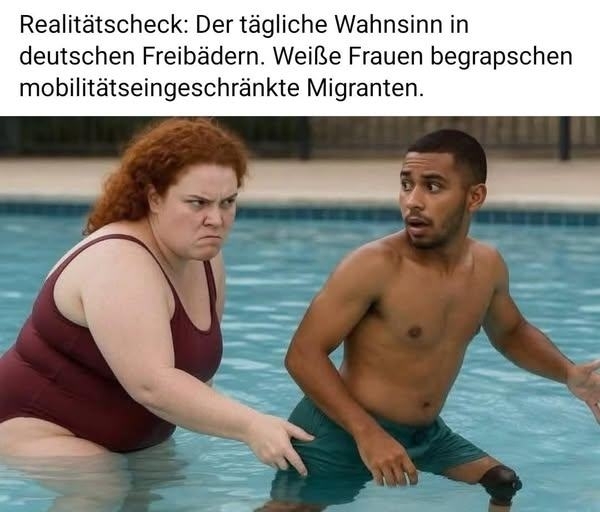 Realitätscheck:  - Der tägliche Wahnsinn in deutschen Freibädern. Weiße Frauen begrapschen mobilitätseingeschränkte Migranten.